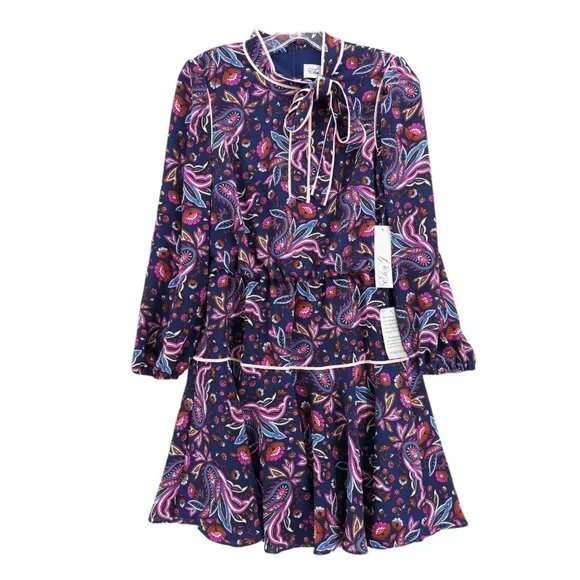 NWT ELIZA J Dress Navy Pink Paisley Floral Blouson Fit Flare Neck Tie Size 6P - Picture 1 of 10